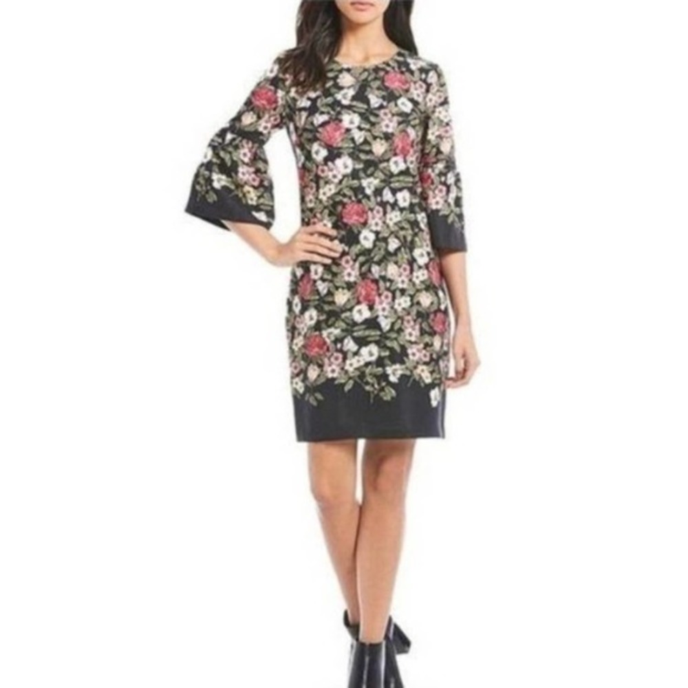 Karl Lagerfield Floral Print Dress Black Bell Sleeve Knee Length Career Party